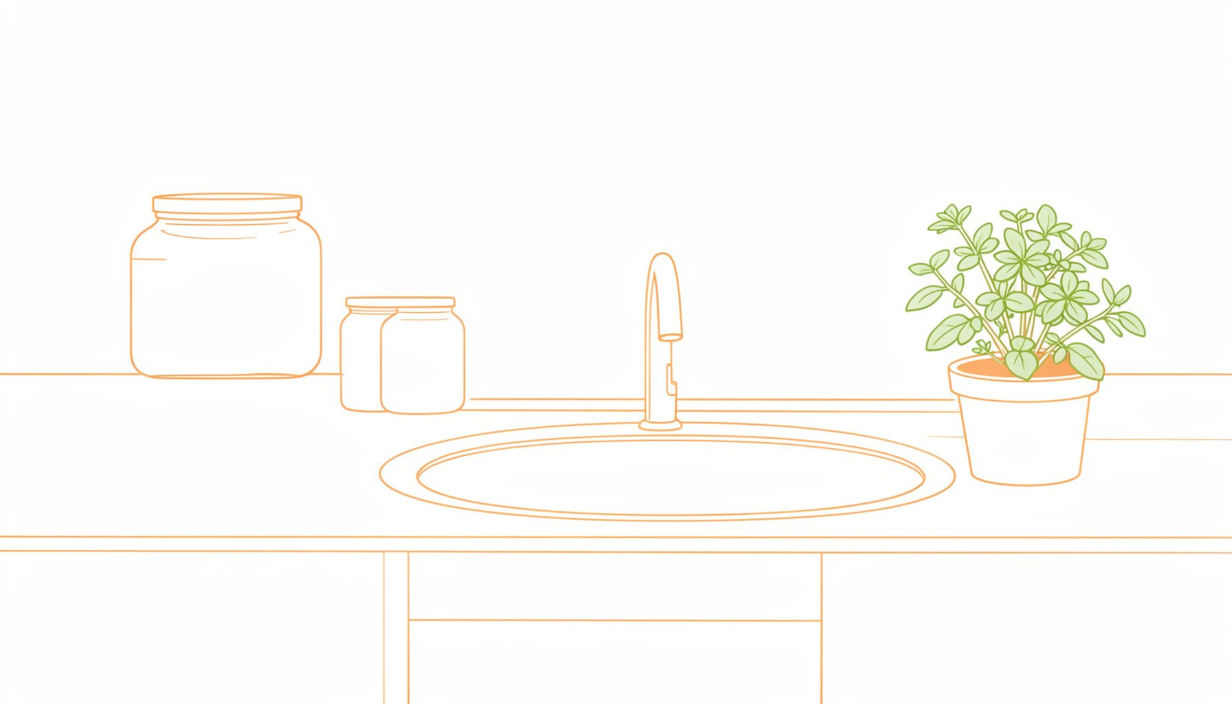 A simple line drawing of a tidy kitchen counter with sealed containers, a clean sink, and a small potted herb plant