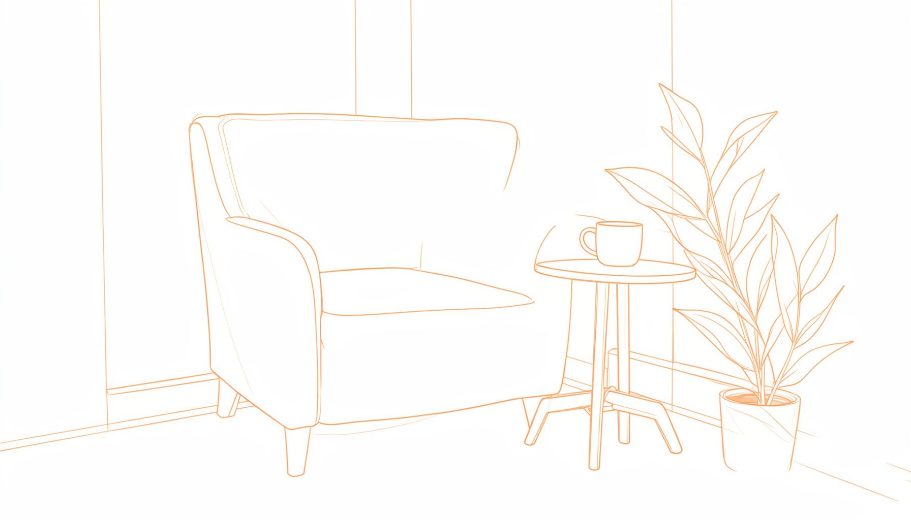 A warm, softly lit living room corner with a comfortable armchair, a small side table holding a ceramic mug, and a houseplant