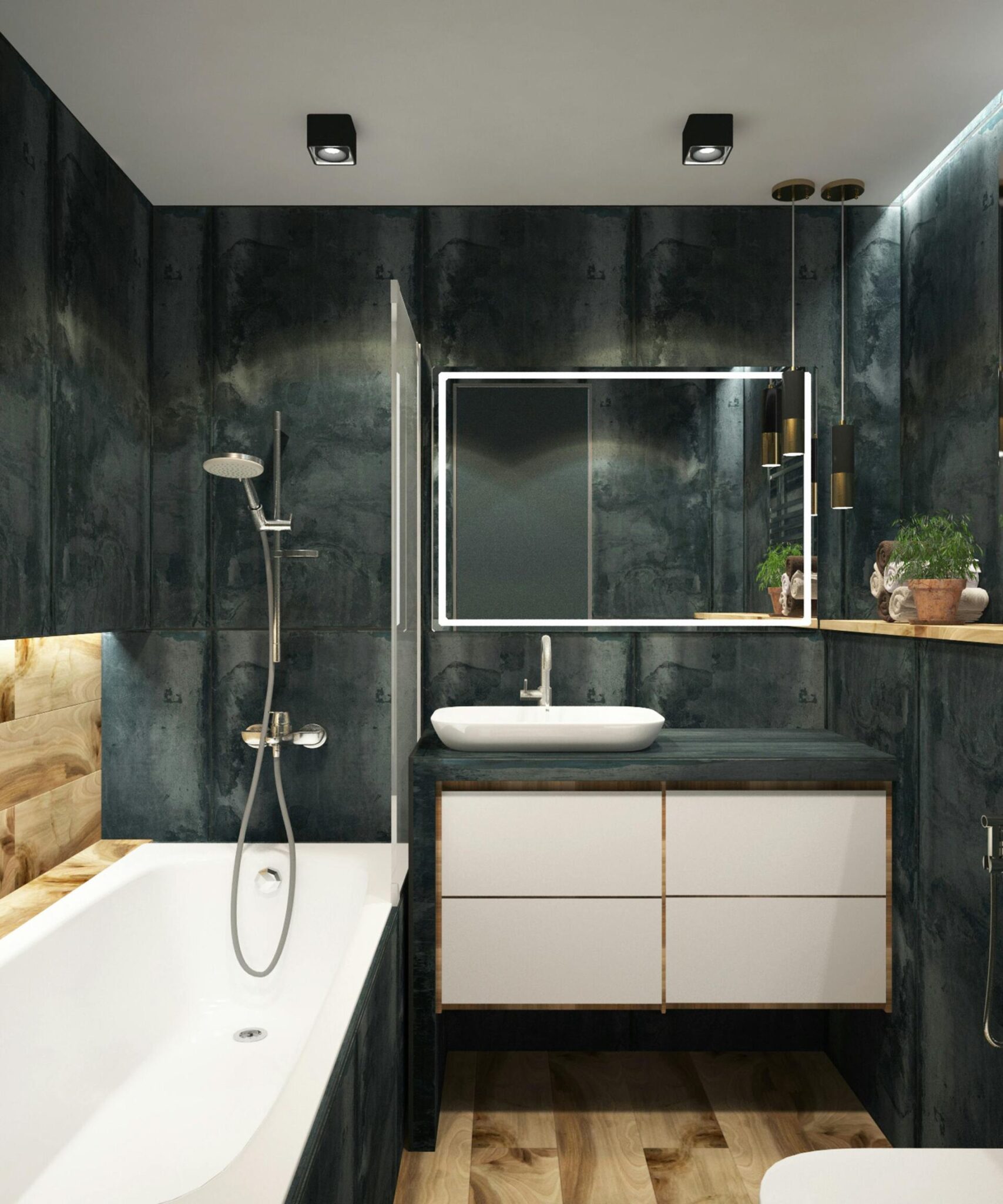 Modern bathroom with dark textured wall tiles, white bathtub, vessel sink on wood-trimmed cabinet, backlit mirror